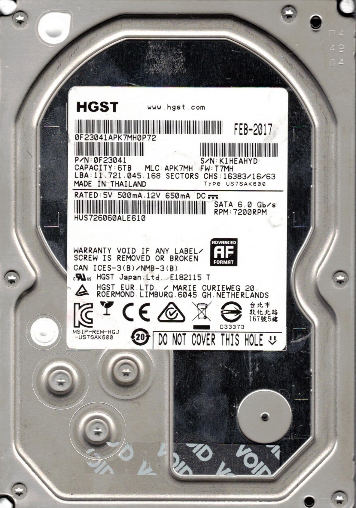 外付けハードディスク・ドライブ HGST HUS726060ALE610 6TB HDD 7200RPM HGST Ultrastar 7K6000 HUS726060ALE610 (0F23001) 6TB 7200 RPM 128MB