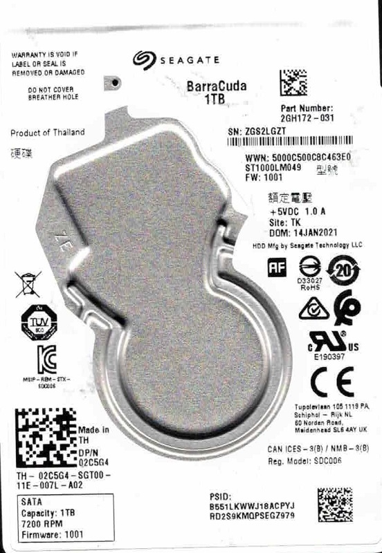 ST1000LM049 P/N: 2GH172-031 F/W: 1001 TK ZGS JAN 2021 Seagate 1TB