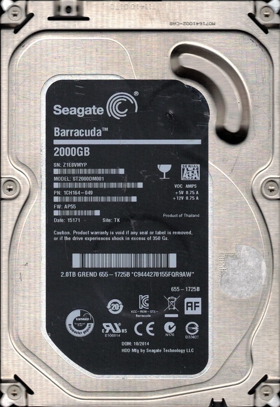 ST2000DM001 P/N: 1CH164-049 F/W: AP55 TK Z1E MAC 655-1725B Seagate