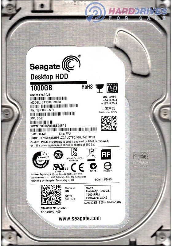 WU Seagate 1TB SATA 3.5 Hard Drive W4Y FW CC45 ST1000DM003 PN 1ER162-501 