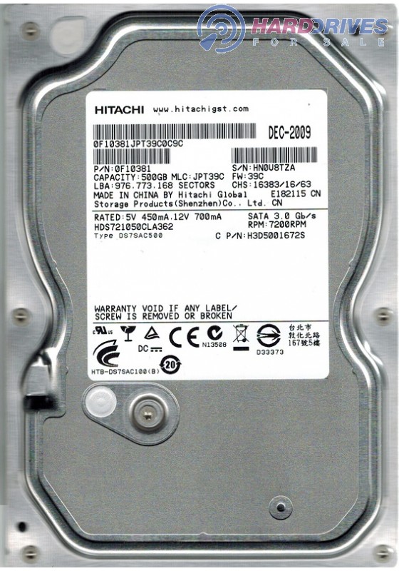 Sharpen Simplify Brawl Hitachi HDS721050CLA362 P/N: 0F10381 MLC: JPT39C 500GB