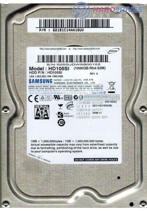 marked igennem ved godt SAMSUNG HD105SI 1TB HARD DRIVE DATE 2009.11 P/N: 62181C1AA1QUV