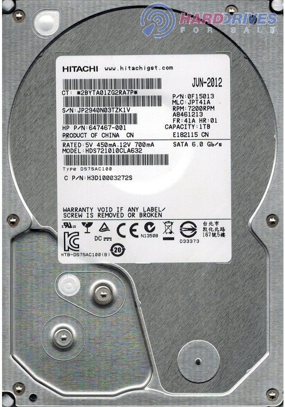 PN 0F15013 Hitachi 1TB SATA 3.5 Hard Drive MLC JPT41A HDS721010CLA632