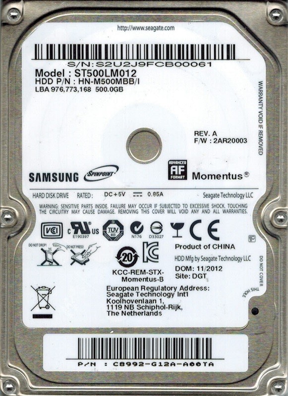 Samsung ST500LM012 HN-M500MBB/I P/N: C8992-G12A-A00TA F/W: 2AR20003