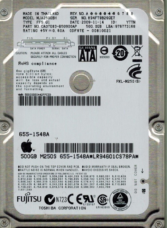 Fujitsu MJA2500BH  P/N: CA07083-B50900AP DATE: 2009-11-14 500GB