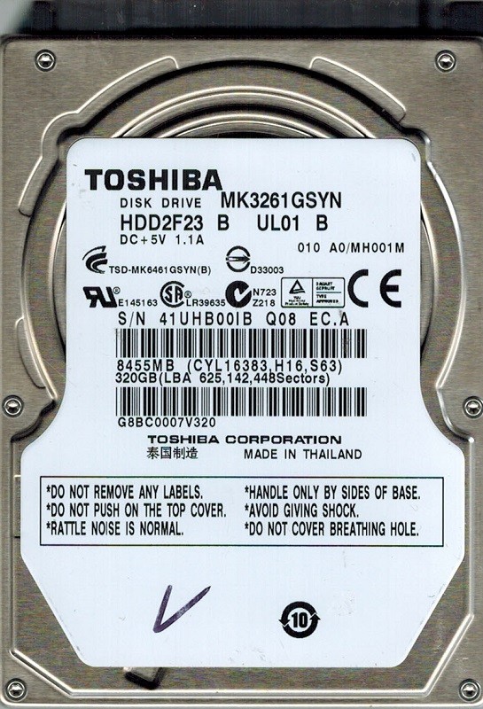 Toshiba MK3261GSYN HDD2F23 B UL01 B F/W: A0/MH001M THAILAND 320GB
