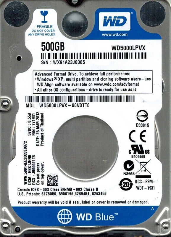 Western Digital WD5000LPVX-80V0TT0 DCM: HBKTJHNB 500GB