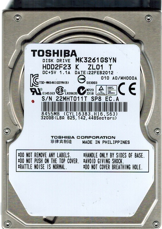 Toshiba MK3261GSYN HDD2F23 K ZL01 T F/W: A0/MH000A PHILIPPINES 320GB