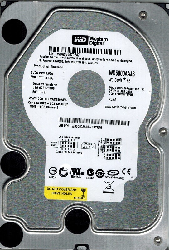 Western Digital WD5000AAJB-00YRA0 500GB DCM: HHRNHT2MHB