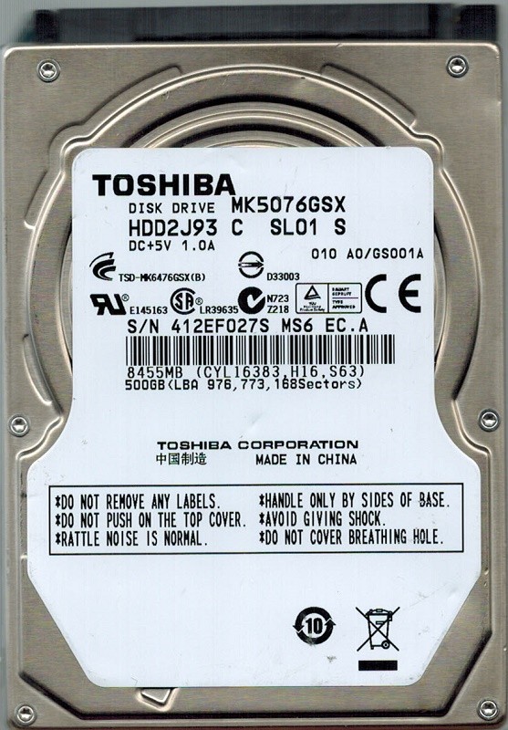 Toshiba MK5076GSX HDD2J93 C SL01 S 500GB CHINA F/W: A0/GS001A