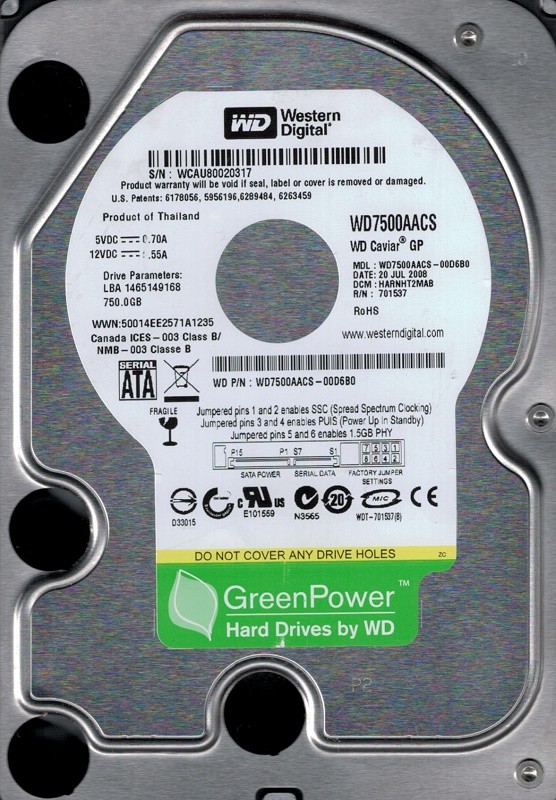 Western Digital WD7500AACS-00D6B0 750GB DCM: HARNHT2MAB
