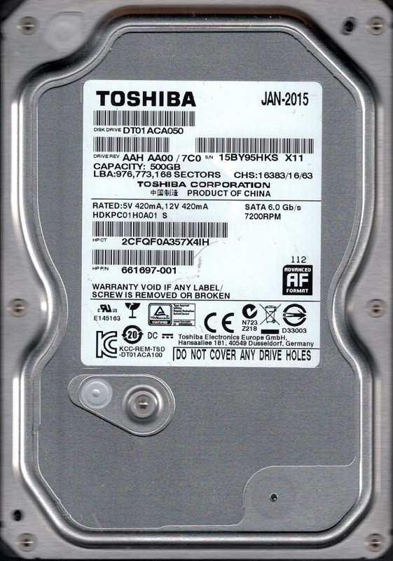 DT01ACA050 AAH AA00/7C0 500GB HDKPC01H0A01 Toshiba