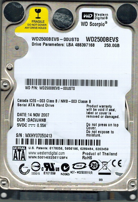 WD2500BEVS-00UST0 Western Digital DCM: DACVJANB 250GB