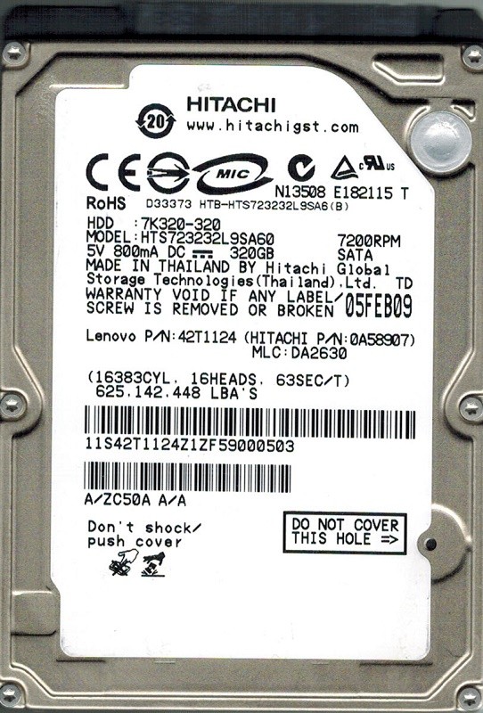 Hitachi HTS723232L9SA60 P/N: 0A58907 MLC: DA2630 320GB