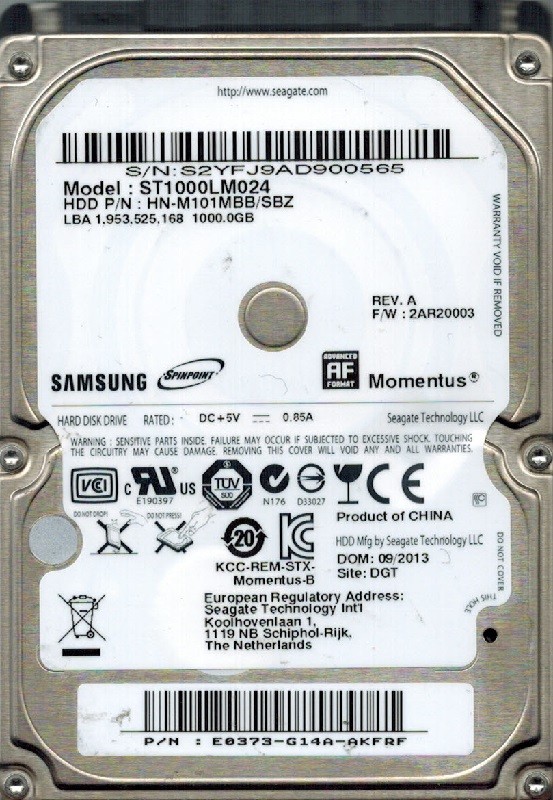 Samsung ST1000LM024 HN-M101MBB/SBZ F/W: 2AR20003 1TB Seagate   