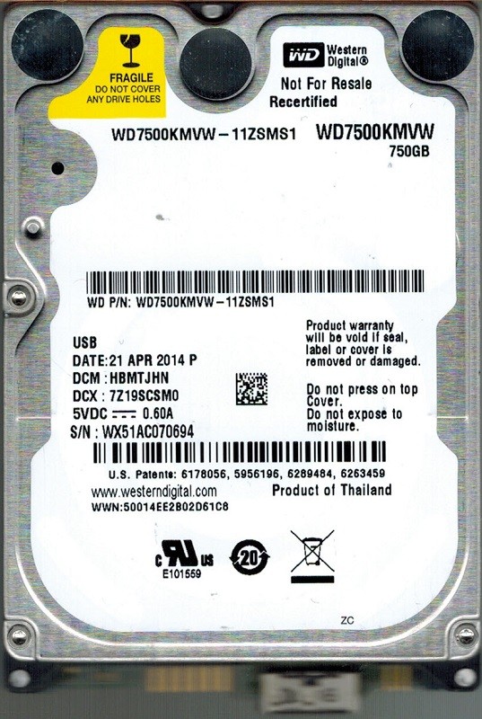 Western Digital WD7500KMVW-11ZSMS1 750GB DCM: HBMTJHN USB 3.0