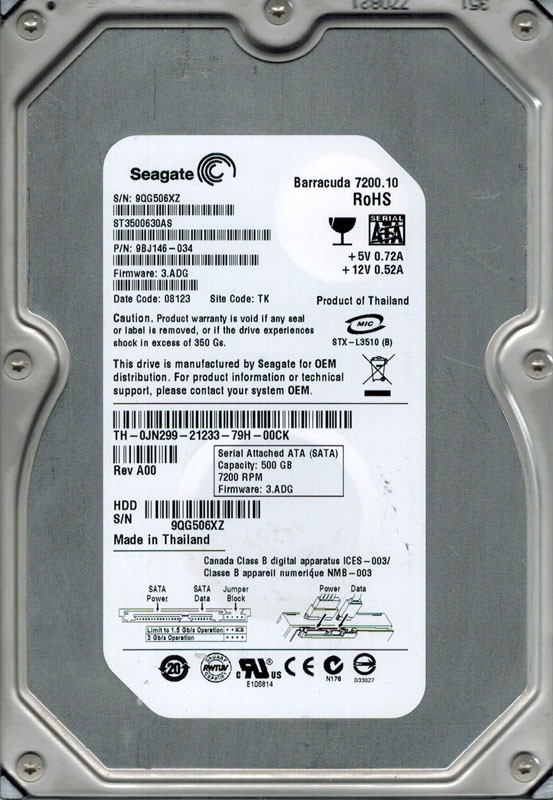 Seagate ST3500630AS P/N: 9BJ146-034 F/W: 3.ADG TK 500GB