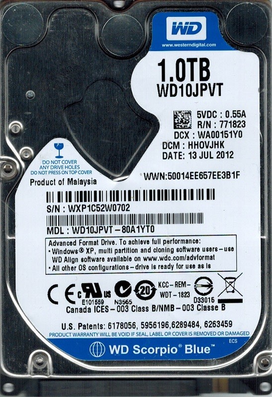 Western Digital WD10JPVT-80A1YT0 DCM: HHOVJHK 1TB