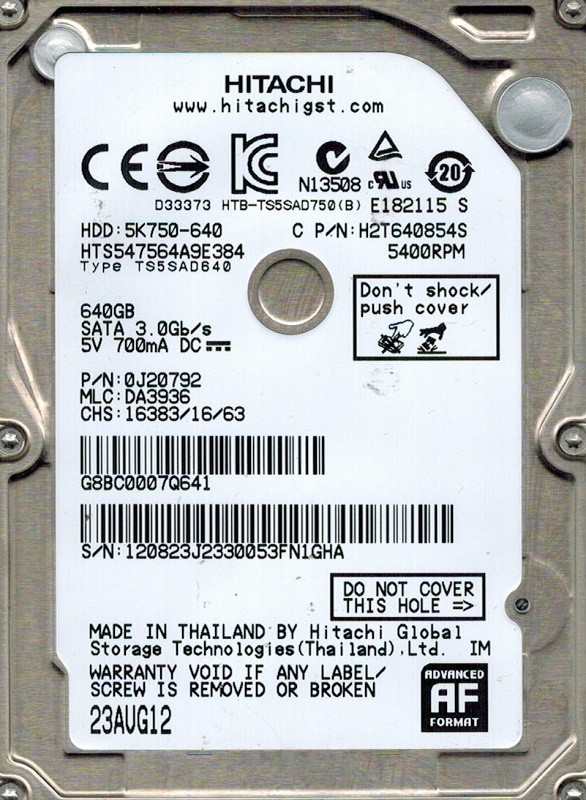 Hitachi HTS547564A9E384 P/N: 0J20792 MLC: DA3936 640GB