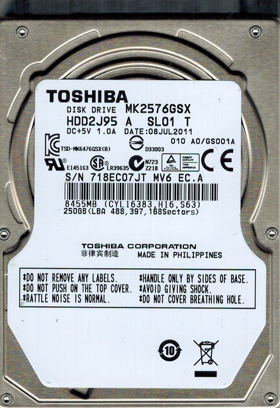 Toshiba MK2576GSX HDD2J95 A SL01 T F/W: A0/GS001A 250GB