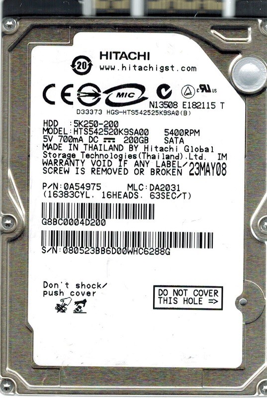 Hitachi HTS542520K9SA00 P/N: 0A54975 MLC: DA2031 200GB