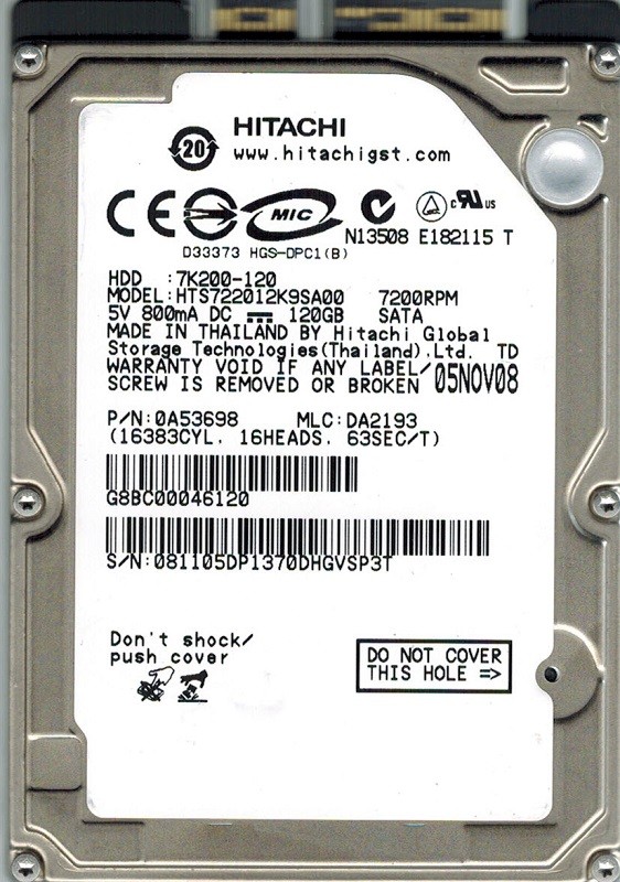 Hitachi HTS722012K9SA00 P/N: 0A53698 MLC: DA2193 120GB