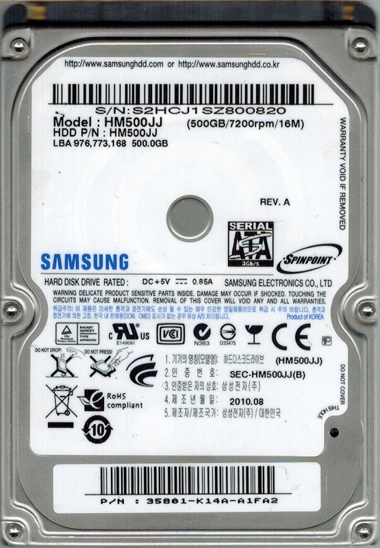 Samsung HM500JJ SPINPOINT 500GB P/N: 35801-K14A-A1FA2