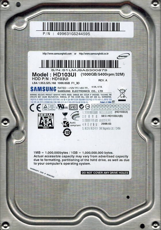Samsung HD103UI 1TB China F1_3D P/N: 499631GS244595