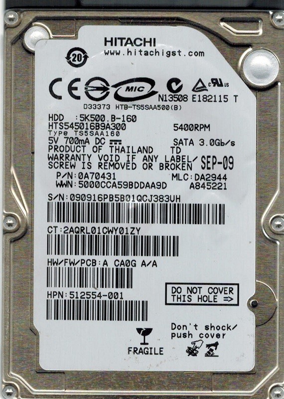 Hitachi HTS545016B9A300 160GB P/N: 0A70431 MLC: DA2944