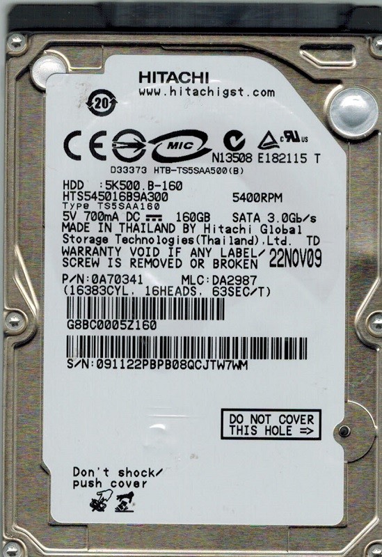 Hitachi HTS545016B9A300 P/N: 0A70341 MLC: DA2987 160GB