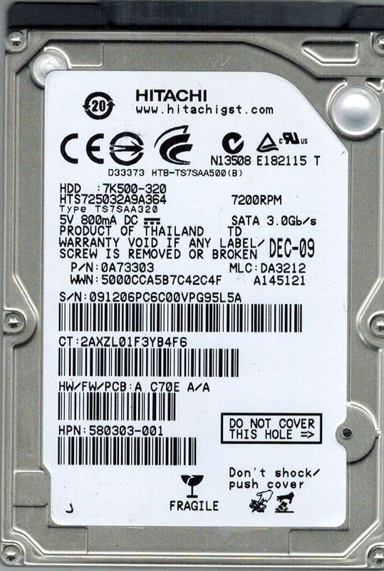 Hitachi HTS725032A9A364 P/N: 0A73303 MLC: DA3212 320GB