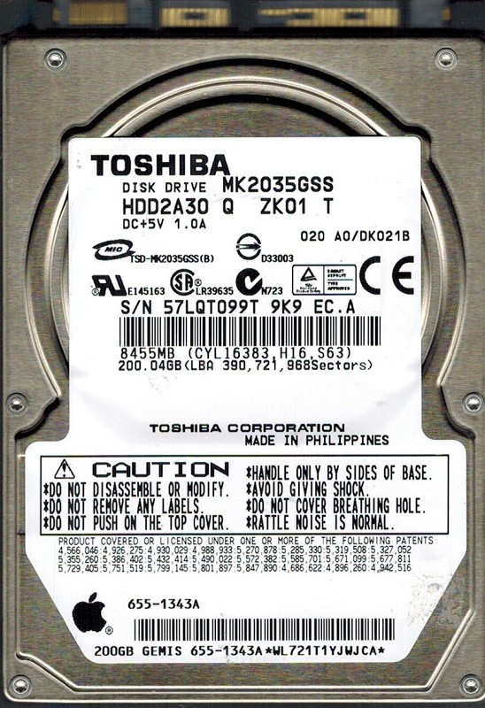 Toshiba MK2035GSS HDD2A30 Q ZK01 T 200GB 655-1343A