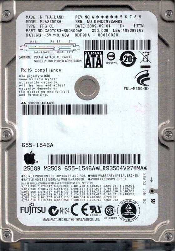 Fujitsu MJA2250BH P/N: CA07083-B50400AP 250GB DATE: 2009-09-04 MAC 655-1546A