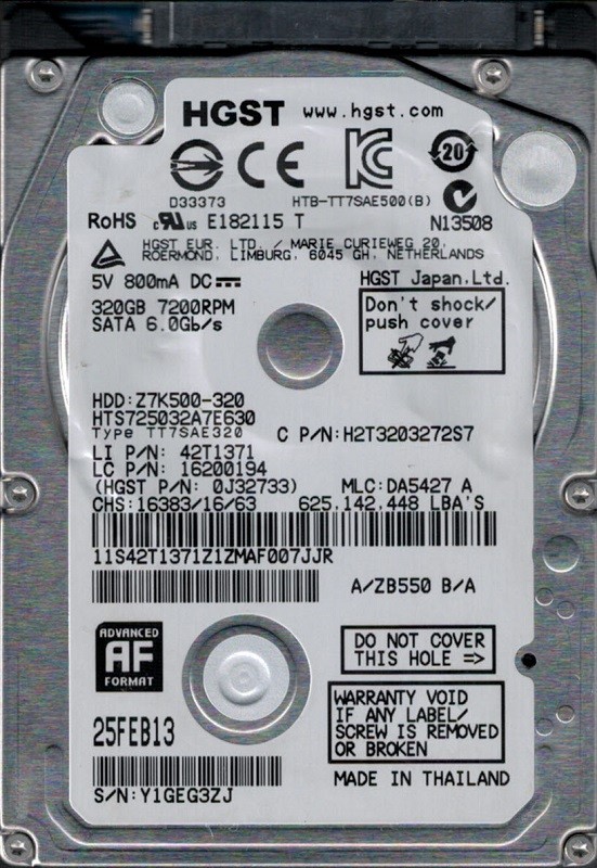 HGST HTS725032A7E630 MLC: DA5427 P/N: 0J32733 320GB