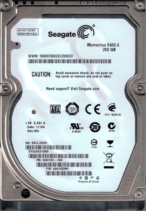 Seagate ST9250315AS P/N: 9HH132-189 F/W: 0001SDM1 WU 250GB