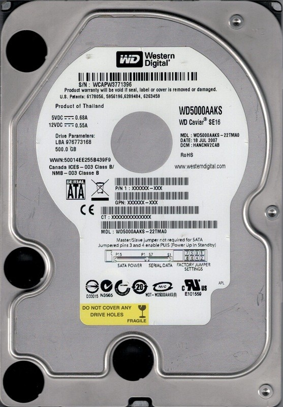 Western Digital WD5000AAKS-22TMA0 500GB DCM: HANCNV2CAB