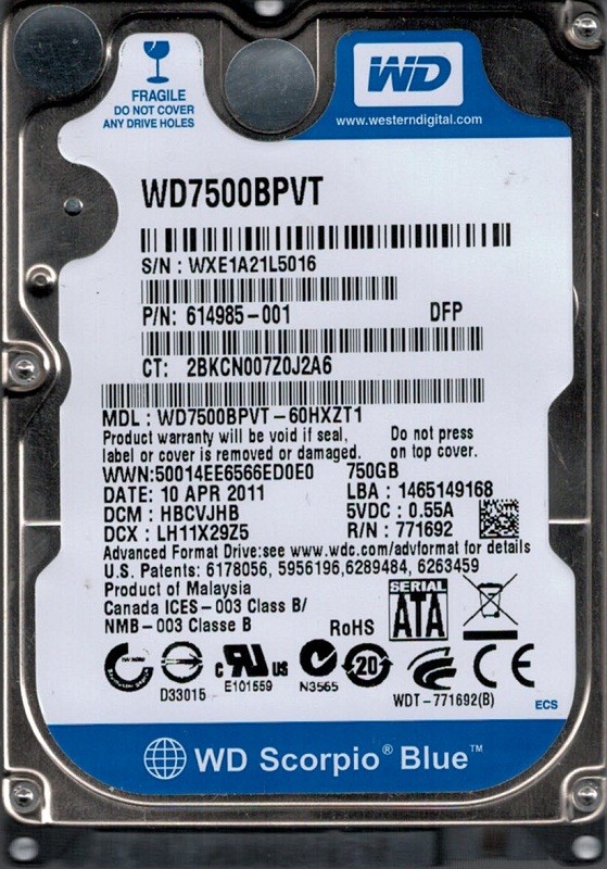 Western Digital WD7500BPVT-60HXZT1 750GB DCM: HBCVJHB
