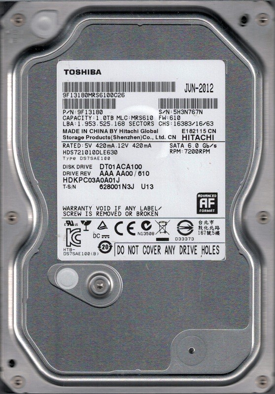 Toshiba HDS721010DLE630 DT01ACA100 AAA AA00/610 P/N: 9F13180 MLC: MRS610 1TB