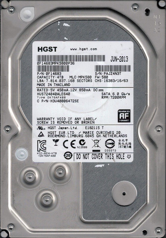 HUS724040ALE640 P/N: 0F14683 MLC: MPK580 HGST 4TB
