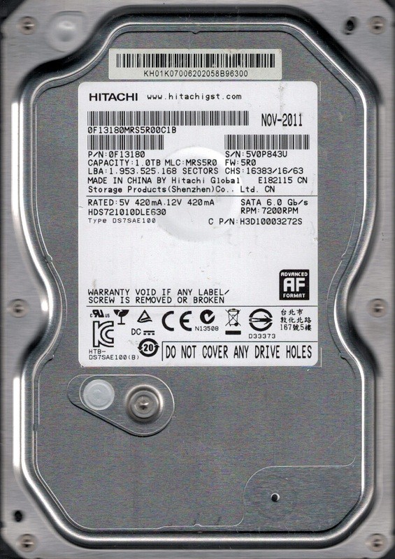Hitachi HDS721010DLE630 P/N: 0F13180 MLC: MRS5R0 1TB