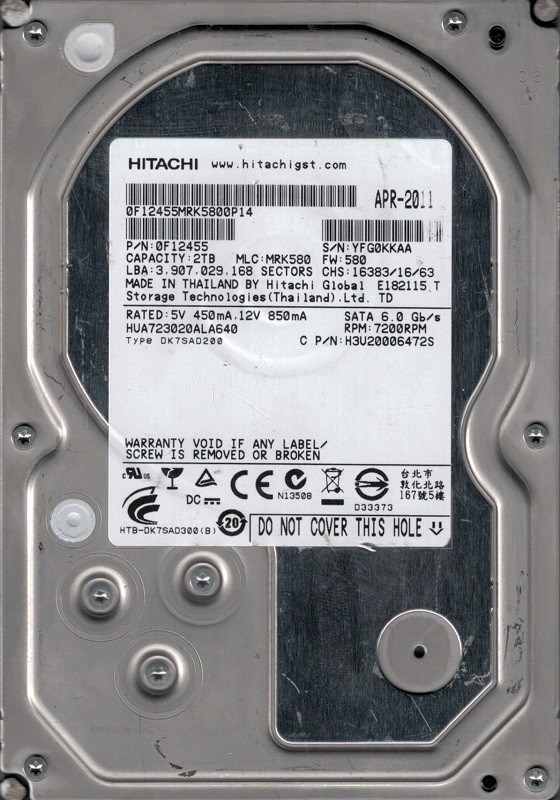 HUA723020ALA640 P/N: 0F12455 MLC: MRK580 Hitachi 2TB