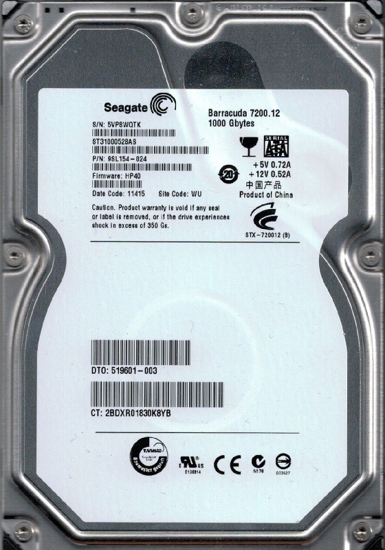 ST31000528AS P/N: 9SL154-024 F/W: HP40 WU 5VP Seagate 1TB