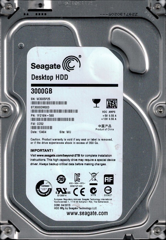 Seagate ST3000DM003 P/N: 1F216N-568 F/W: CC52 3TB WU Desktop HDD
