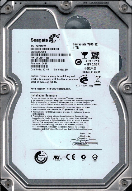 ST31000528AS P/N: 9SL154-568 F/W: CC37 SU Seagate 1TB 6VP