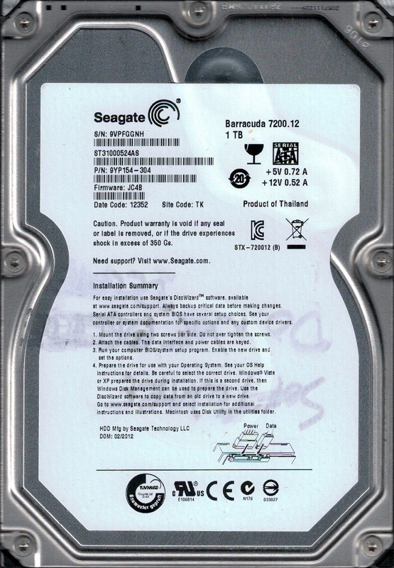 Seagate ST31000524AS F/W: JC4B P/N: 9YP154-304 TK 9VP 1TB