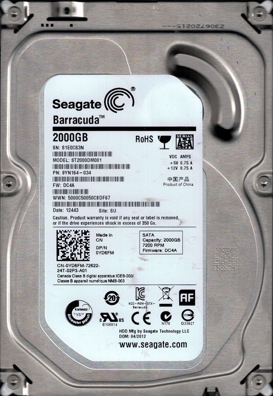 Seagate ST2000DM001 P/N: 9YN164-034 F/W: DC4A SU S1E 2TB