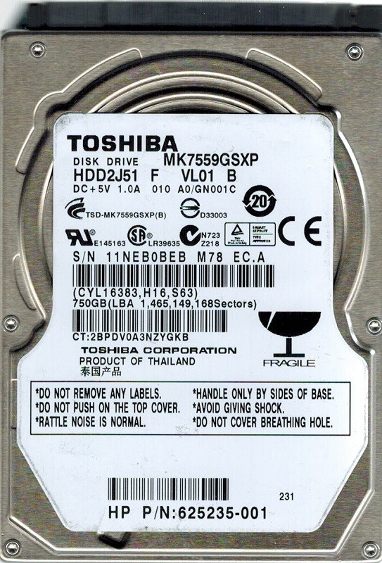 Toshiba MK7559GSXP 750GB HDD2J51 F VL01 B THAILAND