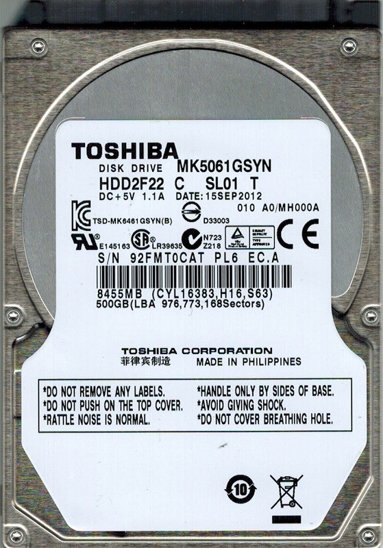 Toshiba MK5061GSYN 500GB HDD2F22 C SL01 T PHILIPPINES