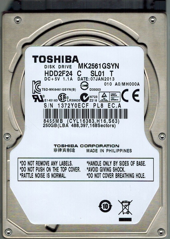 Toshiba MK2561GSYN HDD2F24 C SL01 T 250GB F/W: A0/MH000A