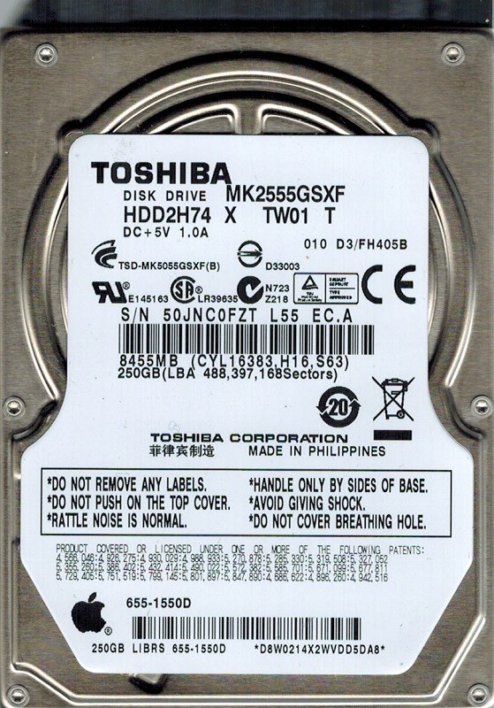 Toshiba MK2555GSXF 250GB HDD2H74 X TW01 T PHILIPPINES 655-1550D